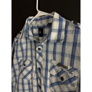 Karl Kani‎ Gold Shirt Mens L Blue Plaid Short Sleeve Button Up Casual Western
